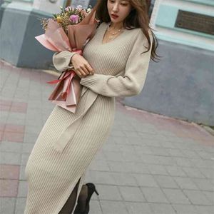 Autumn Winter Korean Sexy V-neck Lace Up Women Sweater Dress Elegant Side Split Knitted Long Female Sheath Jumper Vestidos 210514