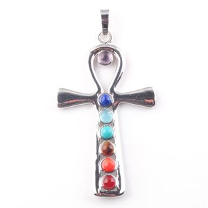 WOJIAER 7 Chakras Natural Stones Cross Pendants Health Amulet Healing Necklace 18" Length Jewelry Charms Pendant N3262