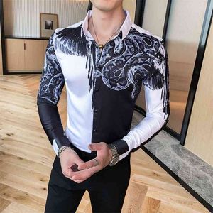 Fashion Patchwork Color Shirt Men Casual Autumn Winter Long Sleeve Tuxedo Slim Fit Digital Print Blouse Clothing 210721