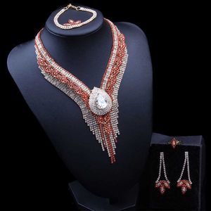 Red Water Drop Long Necklace Earring Jewelry Set Cubic Zirconia Crystal Prom Female Girl Ceremony Dress Banquet Gift Accessories H1022