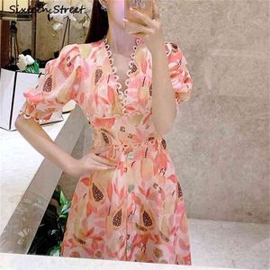 V-neck Puff Sleeve Vintage Dress for Woman Summer High Waist Party es Clothing Printed Runway Pink Female 210603