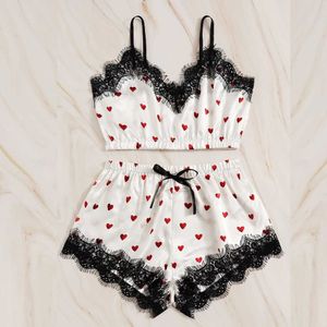 Sexy Lingerie Pajama Sets For Women Home Clothes Nightie V-neck Heart Print Lace Satin Camisole Bowknot Shorts Set #YJ Q0706