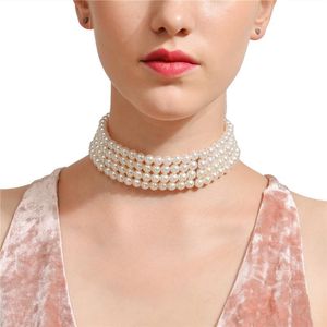 Moda wielowarstwowa biała imitacja Pearl Choker z metalowym plasterem fiksacja szerokie biżuterię