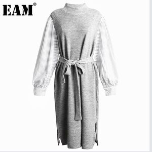 [EAM]女性黒縞模様の大きいサイズのドレスタートルネックロングランタンスリーブルーズフィットファッション春秋1DD5986 210512