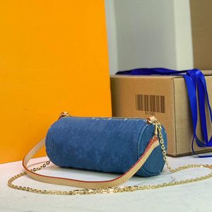 Cylinderpaket Retro denim Messenger Bag Crossbody Väskor Canvas Guld hårdvara dragkedja högkvalitativ kedja dekorera läder axelrem
