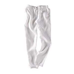 100% calças de linho para homens casual sólido branco branco calças retas respirável moda confortável comprimento completo homem calça 210601