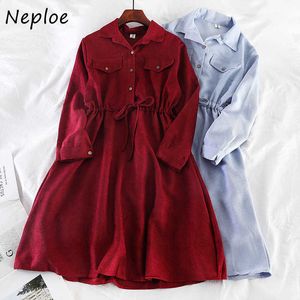 Neploe Hong Kong Style New Autumn Winter Vintage Dress Drawstring Slim Waist Loose Vestidos Fashion Shirt Dresses Women 1G882 Y0726