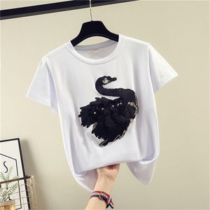 Kvinnors sommarklänning klistermärke tredimensionell swan broderad t-shirt kvinnlig kortärmad lös pullover skjorta toppar 210603
