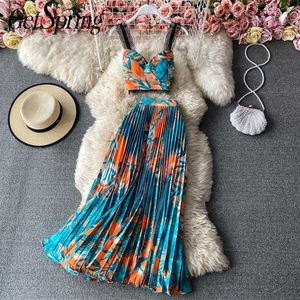 GetSpring Frauen Rock Set Crop Top Maxi Set Blumen Faltenrock Seaside Spaghettiträger 2 Stück Sommer 210601