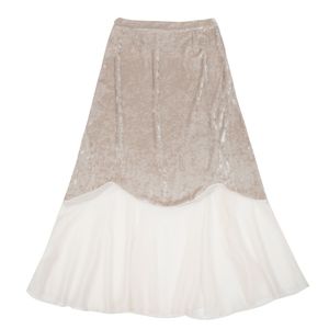 Velvet Chiffon Patchwork Mid-calf Ruffle Asymmetrical Beige Black Empire Mermaid Skirt S0113 210514