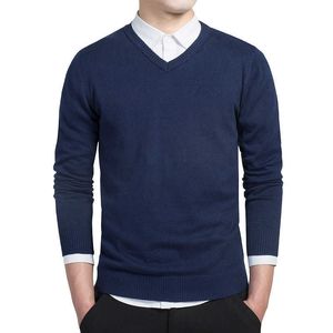 2020 Męski sweter z długim rękawem sprężyna jesień męskie biznesowe dorywczo dzianiny v neck sweter mężczyzna bawełna jednolity kolor slim shirt top y0907