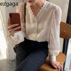 Ezgaga concurso blusa mulher gancho flor retalhos retalhos em v-pescoço coreano moda longa manga solta elegante camisas fenale blusas 210430