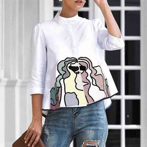 Venda Abstrato Bordado Camisa Tops Mulheres Verão Outono Moda 3/4 Manga BLOULES Casual Ladies Boneca Branca Camisas Doshipping 210323