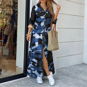 Mode Kvinnor Klänning Boho Style Långärmad Blommor Leopard Camo Print Split Hem Maxi Shirt Casual Beach