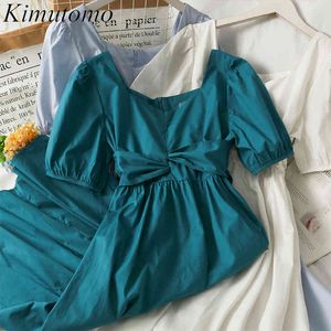 Kimutomo Solid Chic Dress Kvinnor Sommar V-Neck Korta Puff Sleeves Hög midja Bow Robe Kvinna Elegant A-Line Vestidos 210521