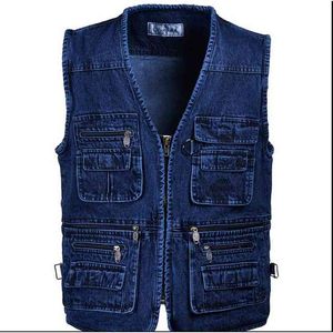 Male Denim Vests Men Fashion 4XL 5XL Vest Mens Combats Cotton Multi Pocket Sleevless Coats Jean Jacket Zipper Men's Jeans Tanks 210518