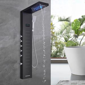 Black Brushed Nickle LED Shower Panel Column Bathtub Mixer Tap Bathroom Faucet with Temperature Screen