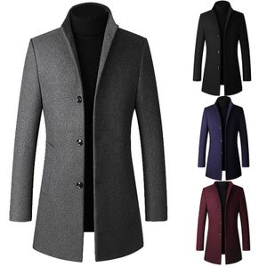 Mężczyźni średniej długości Slim-Fit Wełniany płaszcz z stand-Collar Solid Color Woolen Coat Casual Solid Coat Dla Mężczyzn Kurtka Dla Mężczyzn Styl X0621