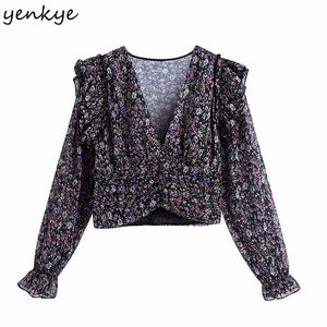 Moda Donna Vintage Stampa floreale Crop Top Sexy scollo a V Manica lunga Volant in chiffon Top Camicetta estiva Chic Blusas 210514