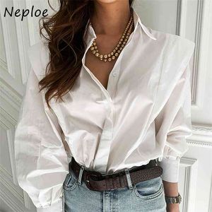 Slå ner Collar Puff Långärmad Solid Blus Enstaka Bröstdesign Vår Blusas Slim Shirt Feminino 210422