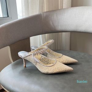 Bing 65mm Glitter Tulle Kapcie Kryształowo-ozdobione Studded Mules Buty Rhinestone Stiletto Heels