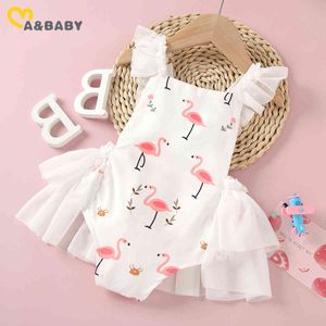 0-24m Urodzony Niemowlę Baby Girl Romper Flamingo Print Koronki Ruffles Kombinezon Lato Cute Girls Clothing Costumes 210515