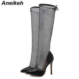 Spring Women Mesh High Heels Buty cienkie pompki do kolan rzymskie seksowne sandały imprezowe nowoczesne but solidny koronkowy up-up 210507 gai