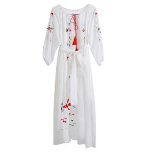 Być może U Kobiety White Granatowy Szyfonowa Sukienka O-Neck Bohemian Haft Sash Beach Holiday Midi Sukienka Wiosna Lato D2395 210529