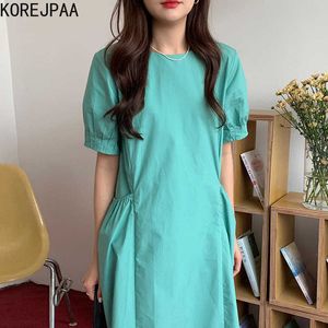 Korjpaa Kvinnor Klänning Sommar Korea Chic Gentle O Neck Loose Solid Färg Fold Double Pocket Design Bubble Sleeve Long Vestido 210526
