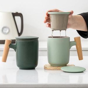 Ceramic frosted home office wooden handle rough pottery mug with lid filter tea water separation tea cup