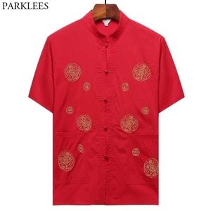 Vermelho Chinês Tradicional Estilo Camisa De Linho Men Colar Bordado Tang Camisa Manga Curta Tai Chi Wushu China Camisa Camisa 210522