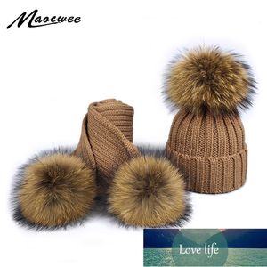 Girl Pom Pom Beanie Warm Knitted Bobble Fur Pompom Hat and Scarf Set Children Real Raccoon Fur Pompon Winter Hat Skullies Factory price expert design Quality Latest