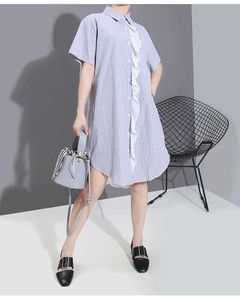 Summer Office Lady Turn Down Collar Fashion Striped Shirt Chiffon Dresses Women 210615