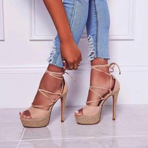 Gladiator Peep Toe Women Sandals Super High Heels 16 cm Stiletto Sapatos de plataforma Shoes Hollow Bandage Up Bombas de festa