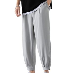 Men's Pants Solid Color Men Ankle-length Smooth Wide Leg Ankle Tied Oversize Elastic Waist All Match Drawstring Thin Sweatpants