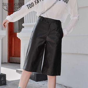 Plus Size British Style Autumn Winter Women PU Leather Short High Waist Motor Five Point Trouser Casual Straight Overalls 11334 210528