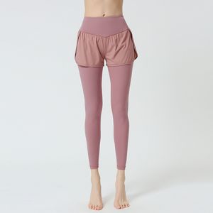 Leggings Yogaworld Designer-Trainingsanzug für Damen, Ropa de Mujer, Mädchen mit Innenfutter und Außenschicht, Shorts, Nähte, Sport, Fitness, weiblich, gefälschte zweiteilige Hose