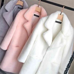 Bella Women Mink Faux Fur Coat Solid Kvinna Slå ner Krage Vinter Varm Fake Fur Lady Coat Casual Jacket 210817