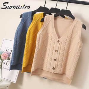 Surmiitro Spring秋のトリミングニットセーターベスト女性Vネックノースリーブショートカーディガンウィストコート女性韓国風210712