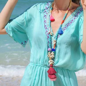 Anhänger Halsketten Boho Multicolor Quaste Pullover Kette Für Frauen Handgemachte Holz Perlen Kristalle Türkis Shell Halskette Strand Schmuck