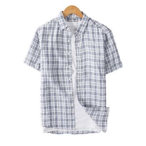 Plaid Short Sleeve Shirt for Men Summer Turn-down Collar Casual Tops 95% Linen Japanese Fashion Male Clothing 210601