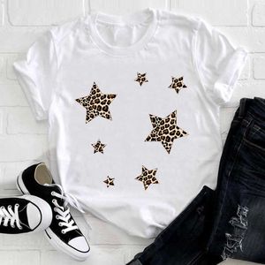 Kobiety Odzież Leopard Star Cute Printing Moda 90. Krótki Rękaw Summer Odzież Drukuj Tshirt Kobieta Tee Top Graphic T-shirt X0527