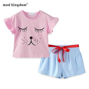 Mudkingdom Summer Girls Clothes Set Funny Closed Eye Puppy Girl Short Sets Cartoon Dog Suit for Ruffle Sleeve Cute 210615