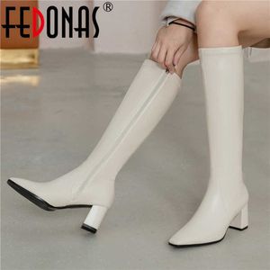 Concise Side Zipper Knee High Boots With Heels Wedding Party Shoes Woman Winter est For Girls 210528