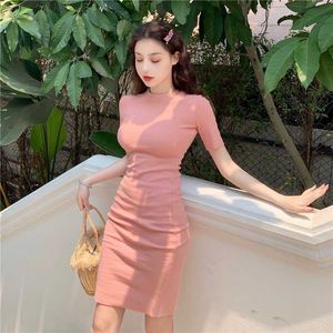 Летняя ретро розовая высокая эластичная обертка бедро толщиной o шеи с коротким рукавом платье женщин мини-тонкий талия All-match Basic Vestido Black 210610