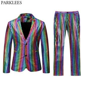 Abiti da ballo da uomo in oro argento arcobaleno plaid con paillettes pantaloni giacca da uomo festival di danza Natale Halloween Party Costume Homme 210522