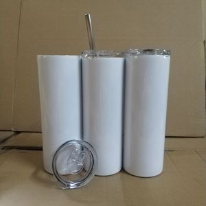 20oz Kaffe Kopp Sublimering Straight Tumbler Cylinder Reps Muggar Dubbelvägg Skinny White Blanks Vattenflaskor med plasthalm