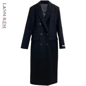 Lanmrem秋冬女性の黒いコートウールの混合溝コートロングコートボタンのアウターウェアカジュアルな服2D1001 211130