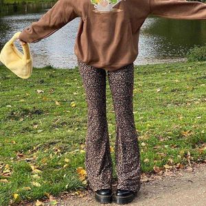 Purementiua Brown Leopard Y2K Joggers Kobiety Wysokiej Talii Flare Spodnie Dwuwarstwowa Mesh E Girl Estetyczne Spodnie Spodnie Samice Q0801