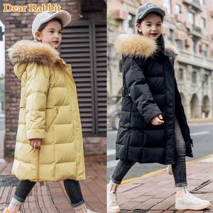 -30 Degree Russia Winter long thick Down Jacket for girl clothes Hooded parka real Fur Coat Kids snowsuit Outerwear clothing 211027
